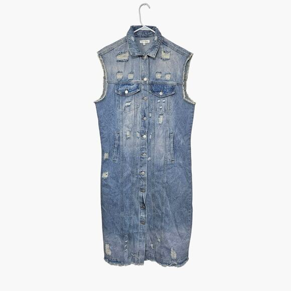 Carole Christian Dresses & Skirts - Carole Christian Long Sleeveless Distressed Denim Dress Button-Up Size Large